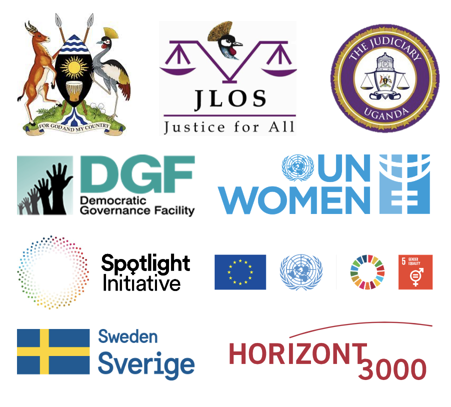 JCU partners: Uganda Government, JLOS, Judiciary, DGF, UN Women, Spotlight Initiative, Sweden, Horizont3000 logos